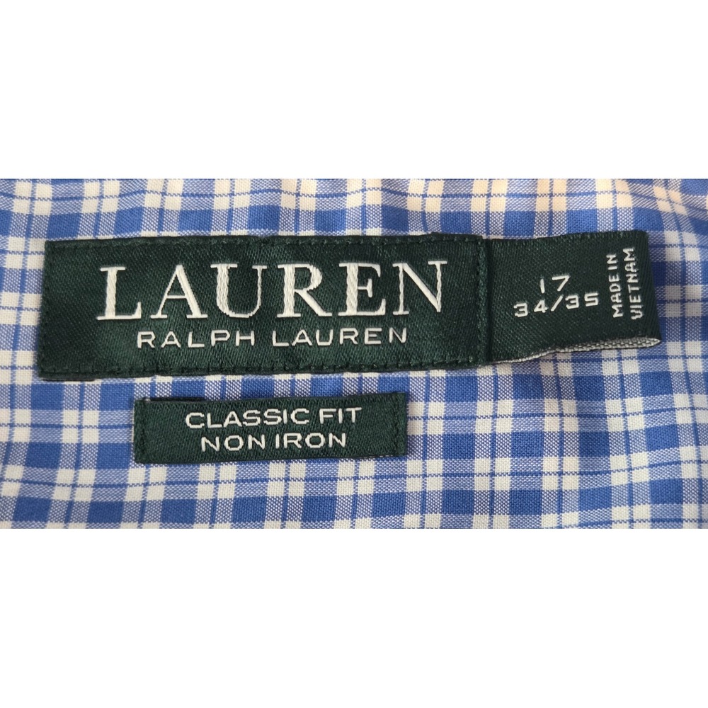 Lauren Ralph Lauren Mens 17 34/35 Classic Fit Non Iron Blue Gingham Dress Shirt - Picture 7 of 12